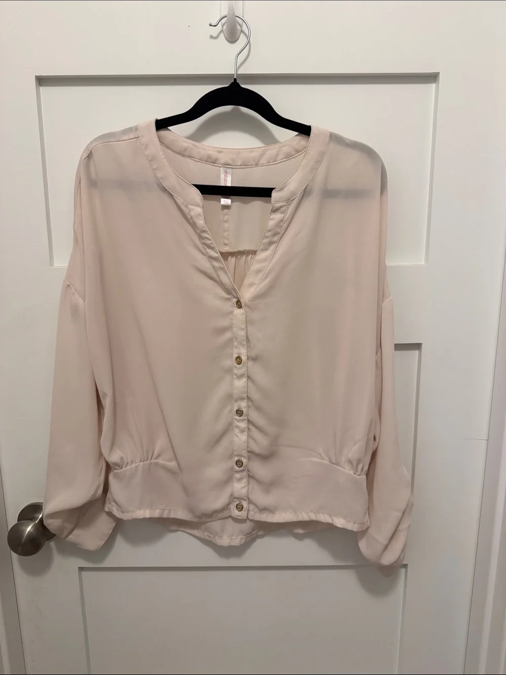Light Blush Button-Down Women’s Cropped Blouse with V-Neck